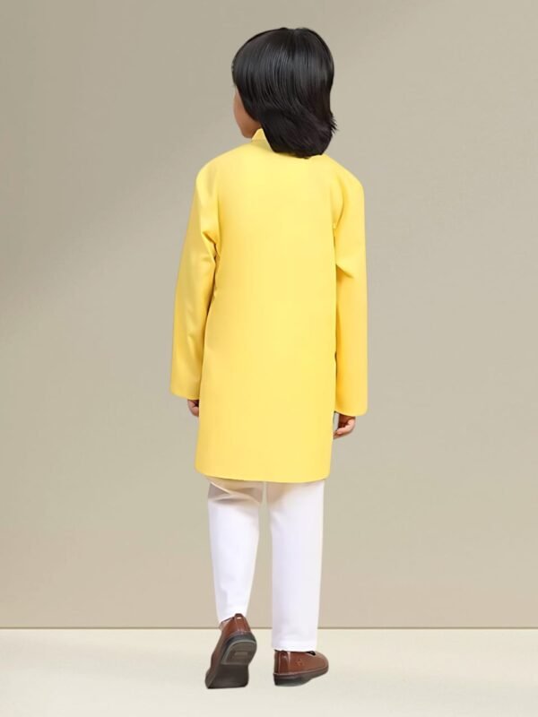 Boys’ Yellow Kurta Pyjama Set with Straight Collar - Image 2
