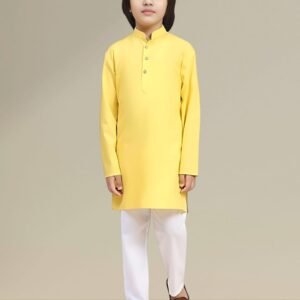 Boys’ Yellow Kurta Pyjama Set with Straight Collar