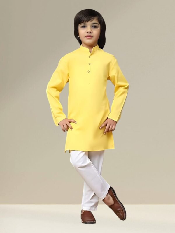 Boys’ Yellow Kurta Pyjama Set with Straight Collar - Image 3