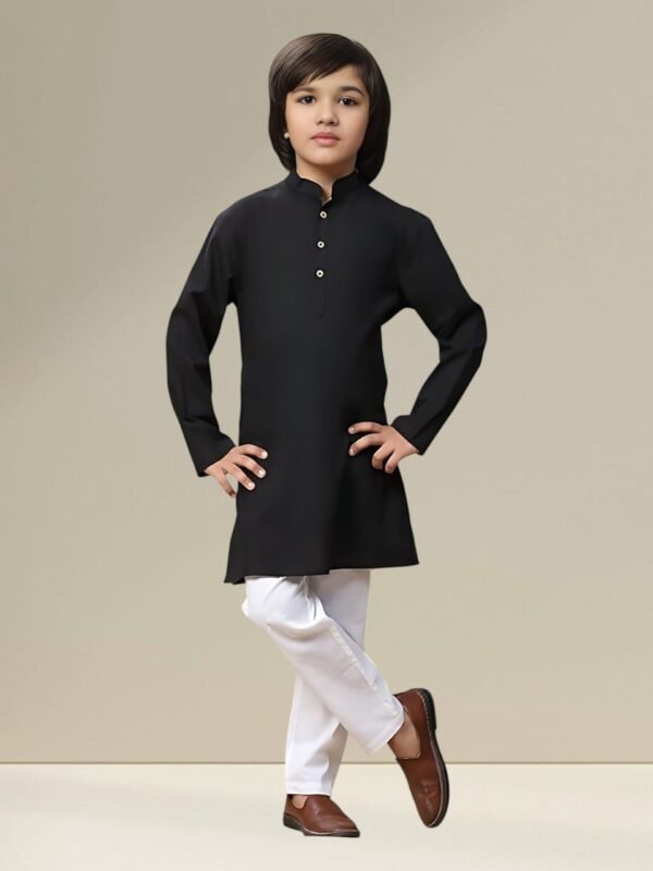 Boys’ Black Kurta Pyjama Set with Straight Collar - Image 2
