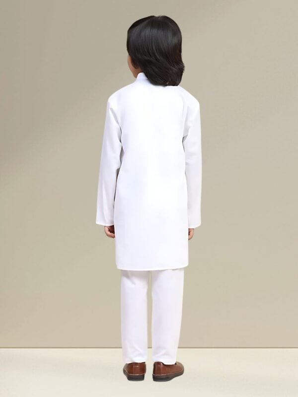 Boys’ White Kurta Pyjama Set with straight Collar - Image 2