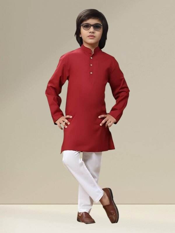 Boys’ Maroon Kurta Pyjama Set with Straight Collar - Image 2