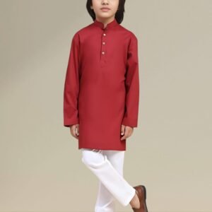 Boys’ Maroon Kurta Pyjama Set with Straight Collar
