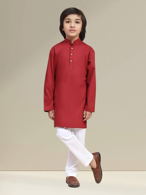 Boys’ Maroon Kurta Pyjama Set with Straight Collar