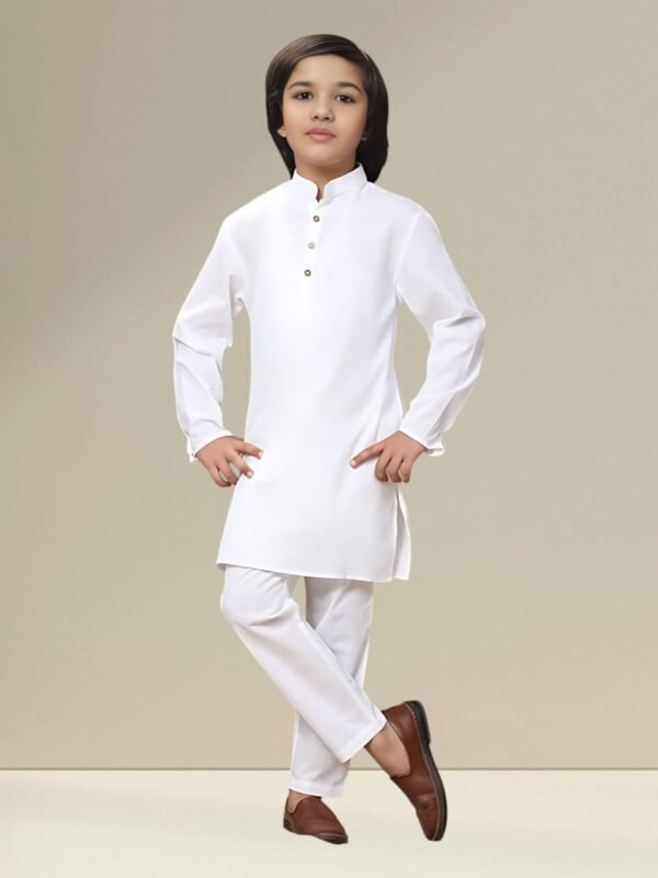 Boys’ White Kurta Pyjama Set with straight Collar - Image 3