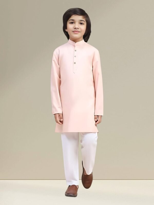 Boys’ Pink Kurta Pyjama Set with Straight Collar - Image 4