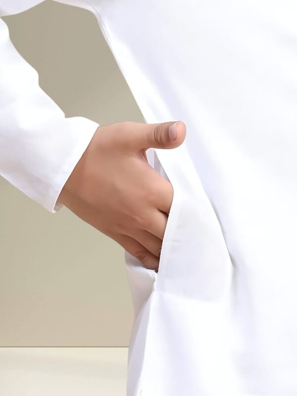 Boys’ White Kurta Pyjama Set with straight Collar - Image 4