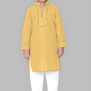 Boys’ Yellow Kurta Pyjama with Straight Collar and Piping Design