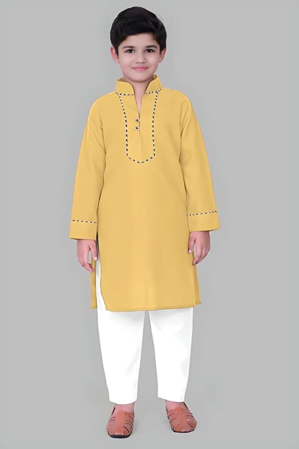 Boys’ Yellow Kurta Pyjama with Straight Collar and Piping Design