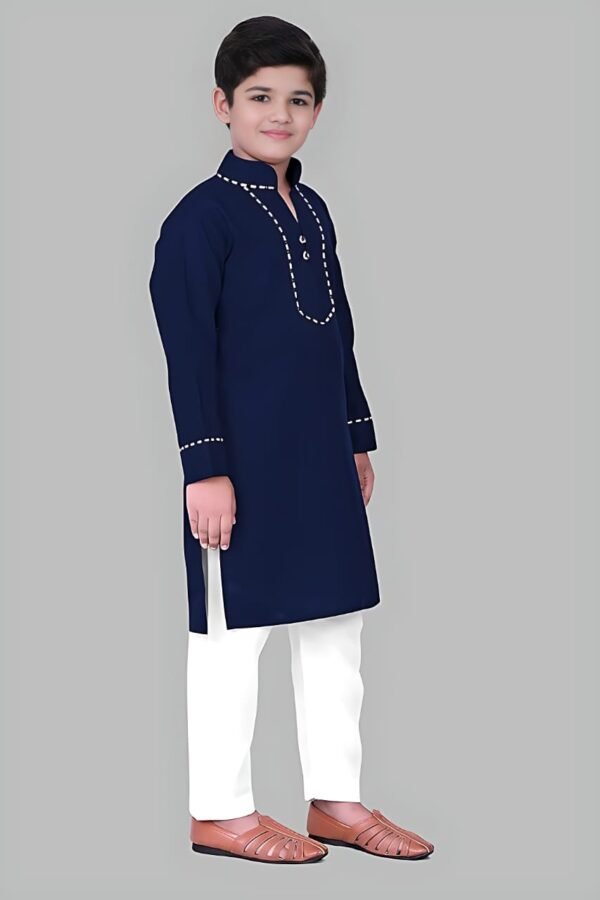 Boys’ Blue Kurta Pyjama with Straight Collar and Piping Design - Image 4