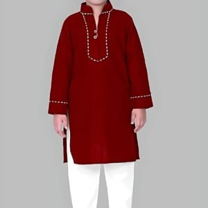 Maroon Kurta Pyjama with Straight Collar and Piping Design