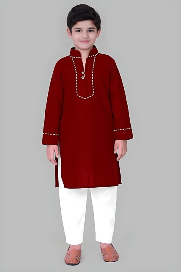 Maroon Kurta Pyjama with Straight Collar and Piping Design