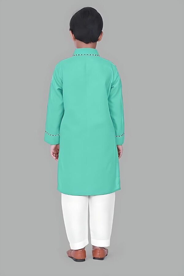 Boys’ Turquoise Kurta Pyjama with Straight Collar and Piping Design - Image 4