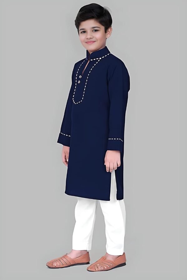Boys’ Blue Kurta Pyjama with Straight Collar and Piping Design - Image 3