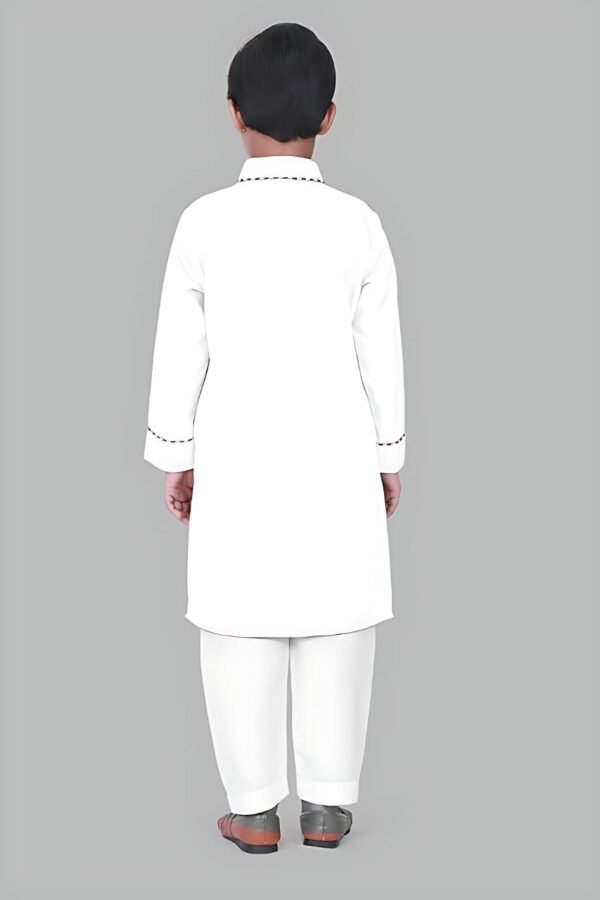 Boys’ White Kurta Pyjama with Straight Collar and Piping Design - Image 3