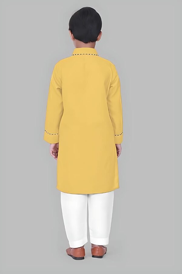 Boys’ Yellow Kurta Pyjama with Straight Collar and Piping Design - Image 4