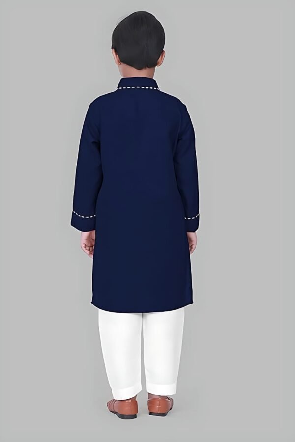 Boys’ Blue Kurta Pyjama with Straight Collar and Piping Design - Image 2