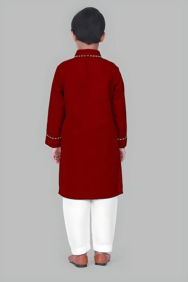 Boys’ Maroon Kurta Pyjama with Straight Collar and Piping Design - Image 4