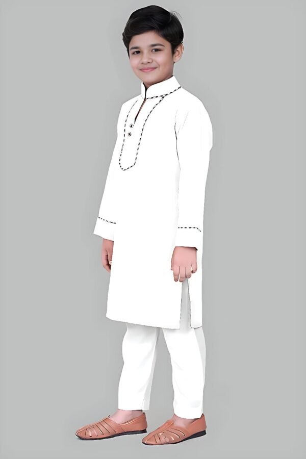 Boys’ White Kurta Pyjama with Straight Collar and Piping Design - Image 2