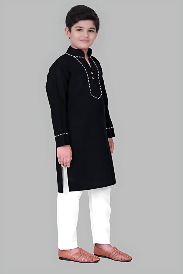 Boys’ Black Kurta Pyjama with Straight Collar and Piping Design - Image 4