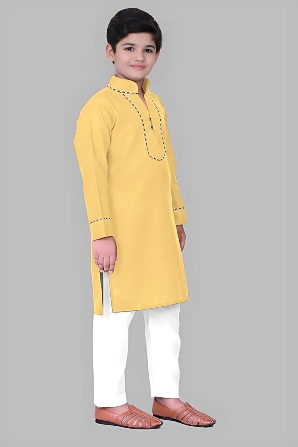 Boys’ Yellow Kurta Pyjama with Straight Collar and Piping Design - Image 3
