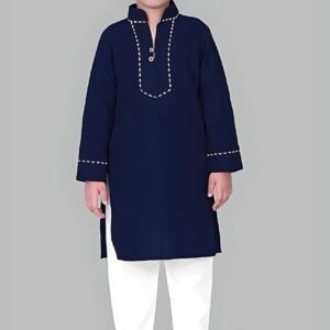 Blue Kurta Pyjama with Straight Collar and Piping Design
