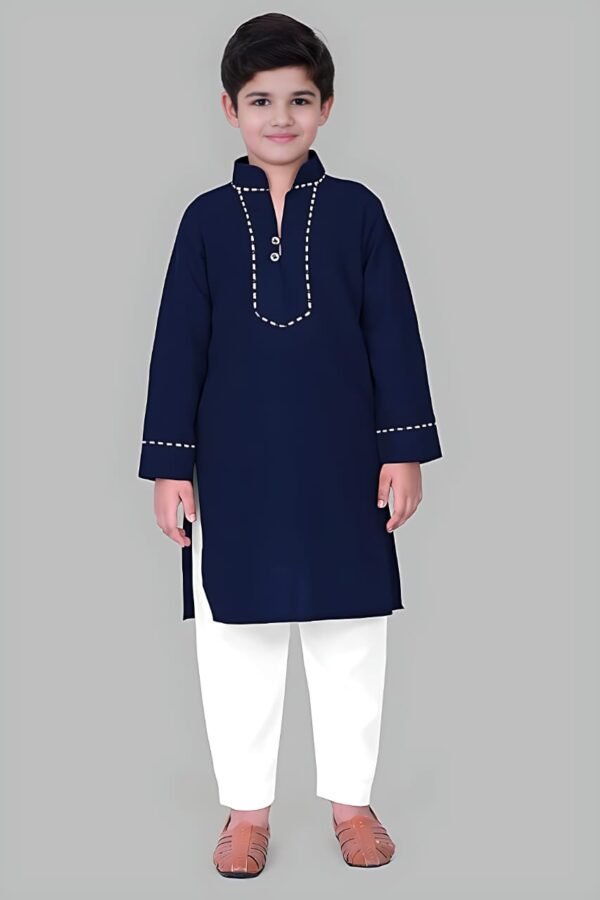 Blue Kurta Pyjama with Straight Collar and Piping Design