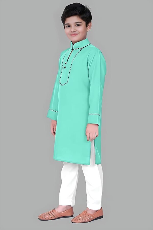 Boys’ Turquoise Kurta Pyjama with Straight Collar and Piping Design - Image 3