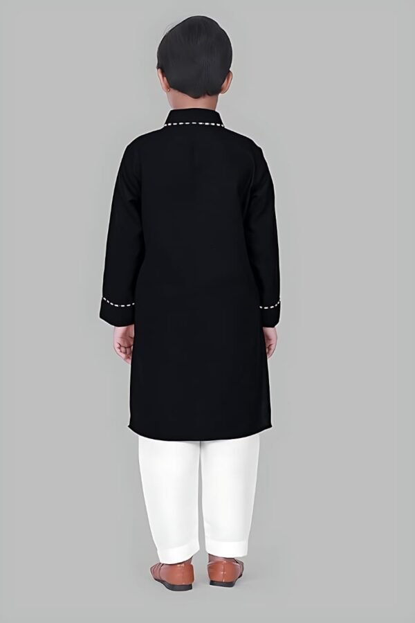 Boys’ Black Kurta Pyjama with Straight Collar and Piping Design - Image 3