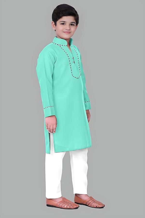 Boys’ Turquoise Kurta Pyjama with Straight Collar and Piping Design - Image 2