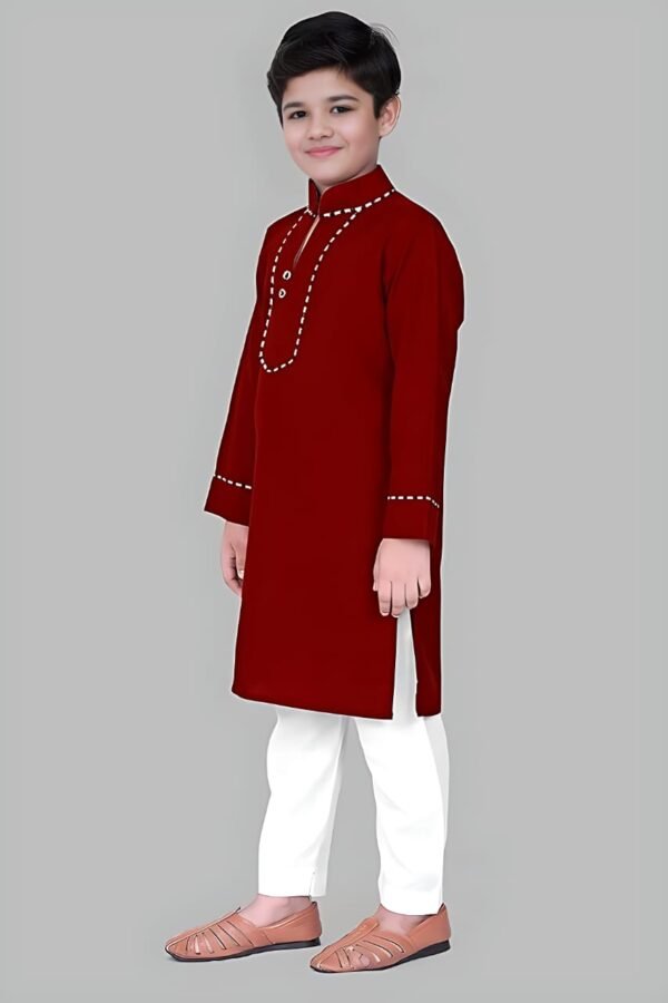 Boys’ Maroon Kurta Pyjama with Straight Collar and Piping Design - Image 3