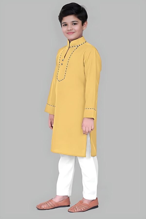 Boys’ Yellow Kurta Pyjama with Straight Collar and Piping Design - Image 2