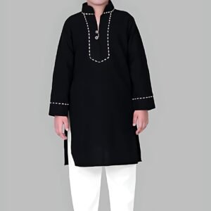 Black Kurta Pyjama Set with Straight Collar and Piping Design