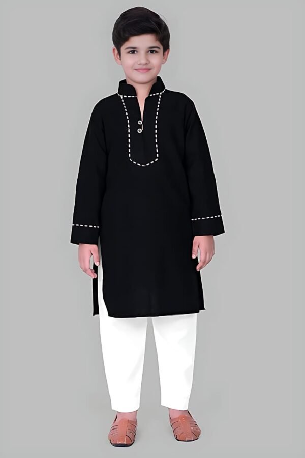 Black Kurta Pyjama Set with Straight Collar and Piping Design