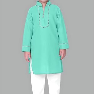 Turquoise Kurta Pyjama with Straight Collar and Piping Design