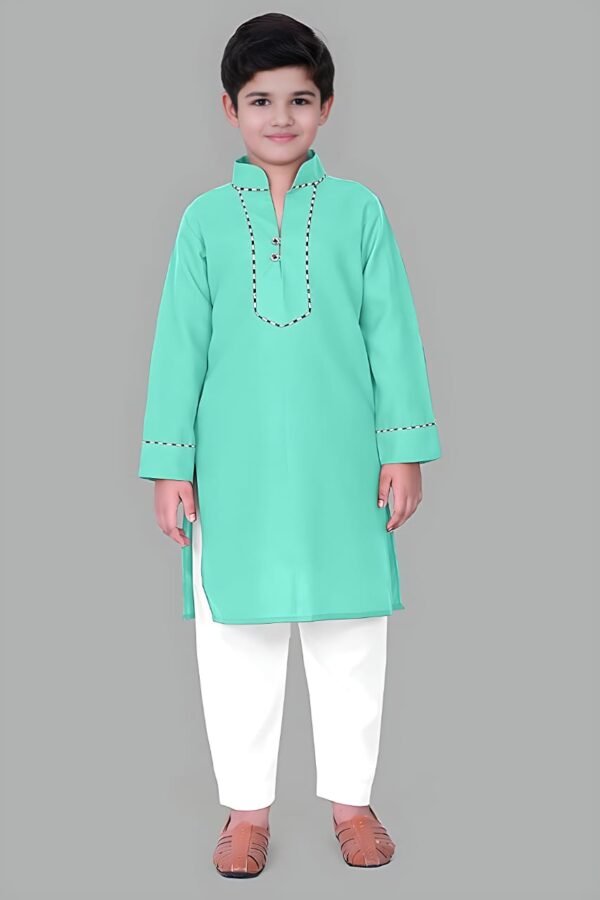 Turquoise Kurta Pyjama with Straight Collar and Piping Design