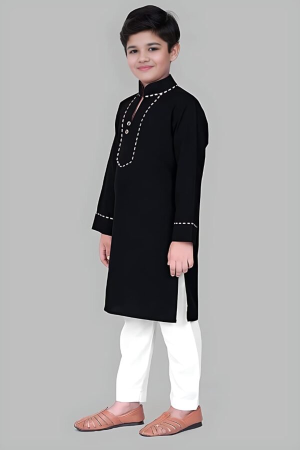 Boys’ Black Kurta Pyjama with Straight Collar and Piping Design - Image 2