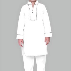 Boys’ White Kurta Pyjama with Straight Collar and Piping Design
