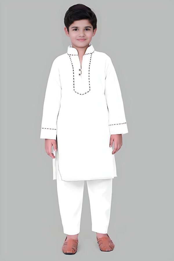 Boys’ White Kurta Pyjama with Straight Collar and Piping Design