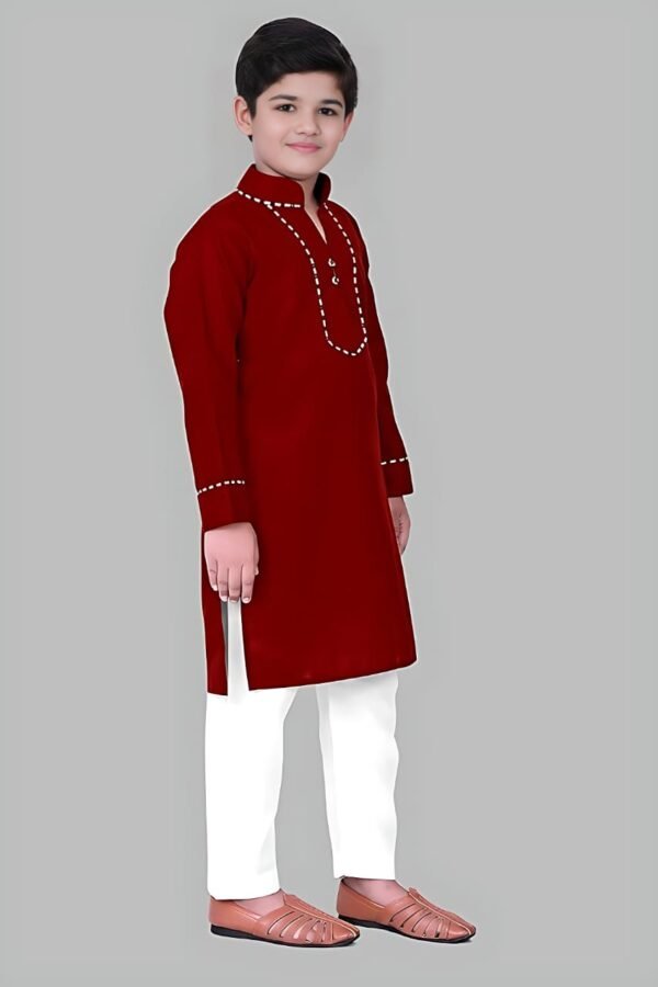 Boys’ Maroon Kurta Pyjama with Straight Collar and Piping Design - Image 2