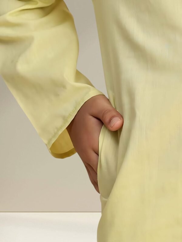 Boys’ Yellow Kurta Pyjama with Round Neck Collar - Image 3