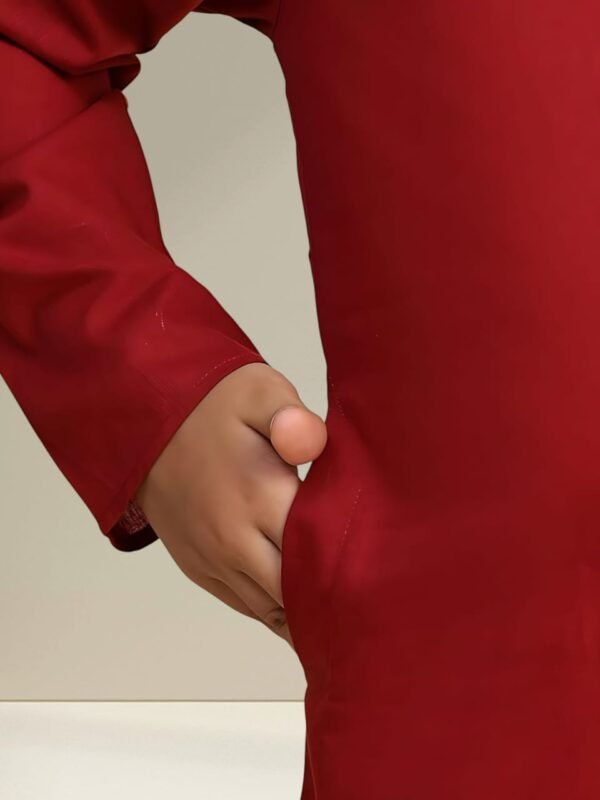 Boys’ Maroon Kurta Pyjama with Round Neck Collar - Image 3