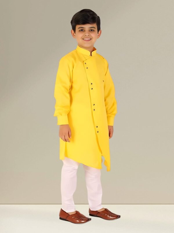 Boys’ Yellow Angrakha Kurta Pyjama - Image 3