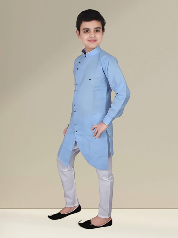 Boys’ Sky Blue Angrakha Kurta Pyjama - Image 3
