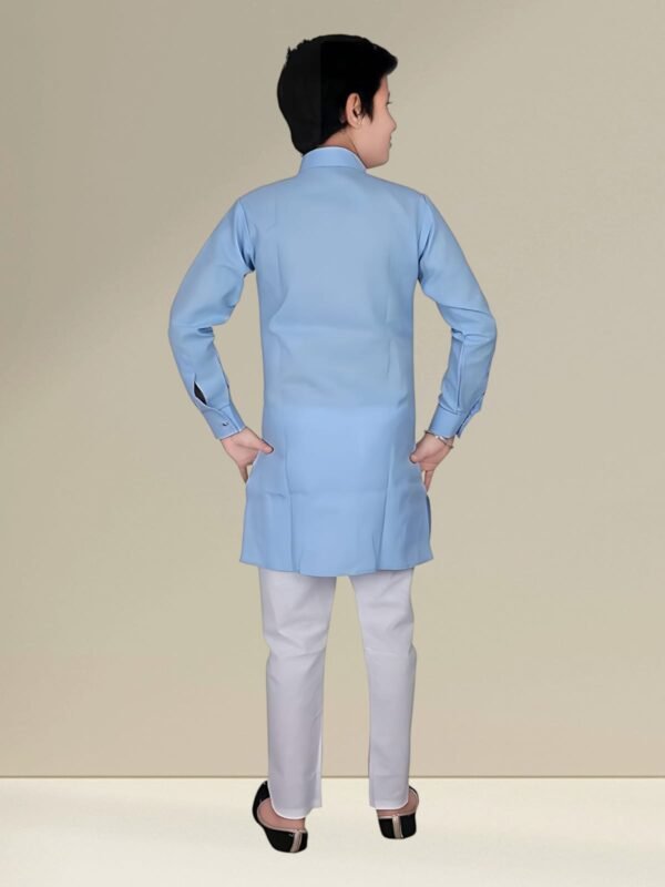 Boys’ Sky Blue Angrakha Kurta Pyjama - Image 2