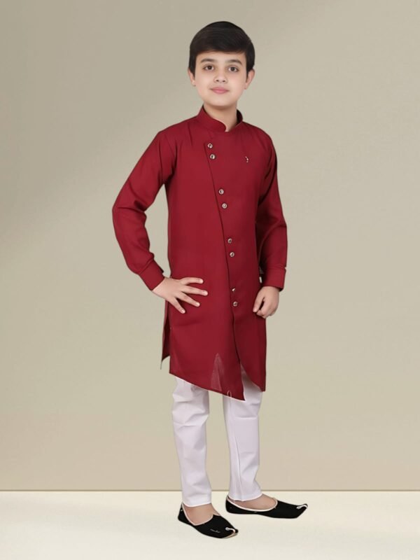 Boys’ Maroon Angrakha Kurta Pyjama - Image 3