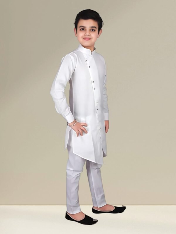 Boys’ White Angrakha Kurta Pyjama - Image 4