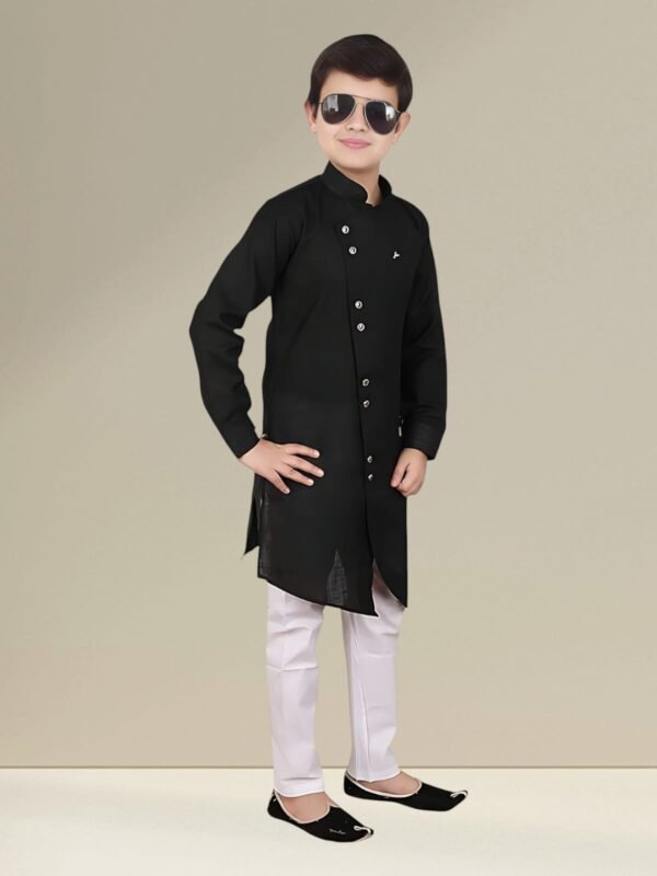 Boys’ Black Angrakha Kurta Pyjama - Image 4