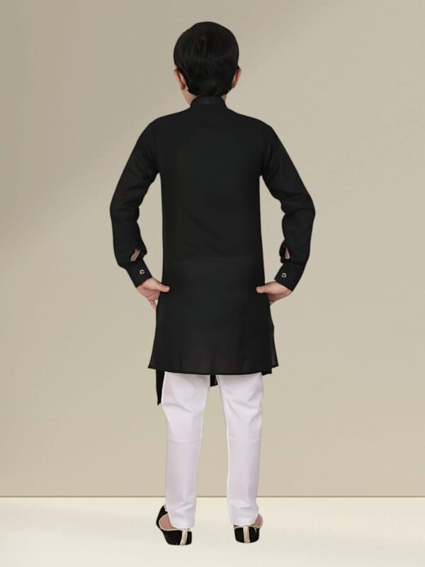 Boys’ Black Angrakha Kurta Pyjama - Image 3