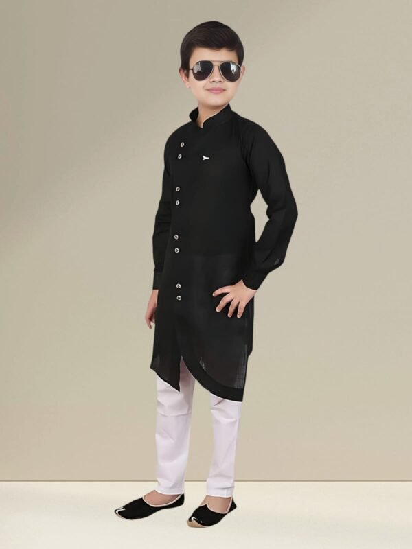 Boys’ Black Angrakha Kurta Pyjama - Image 2